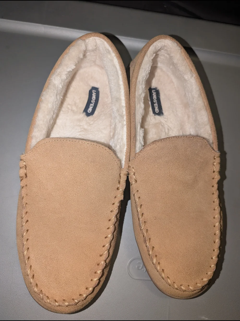 Lands' End Men's Tan Suede Faux Fur Moccasin Slippers Size US 13D UK 12 EU 47